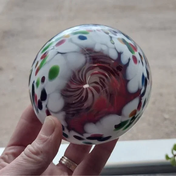 Vintage Signed 1996 Hand Blown Art Glass Paperweight Millefiori Rainbow Confetti